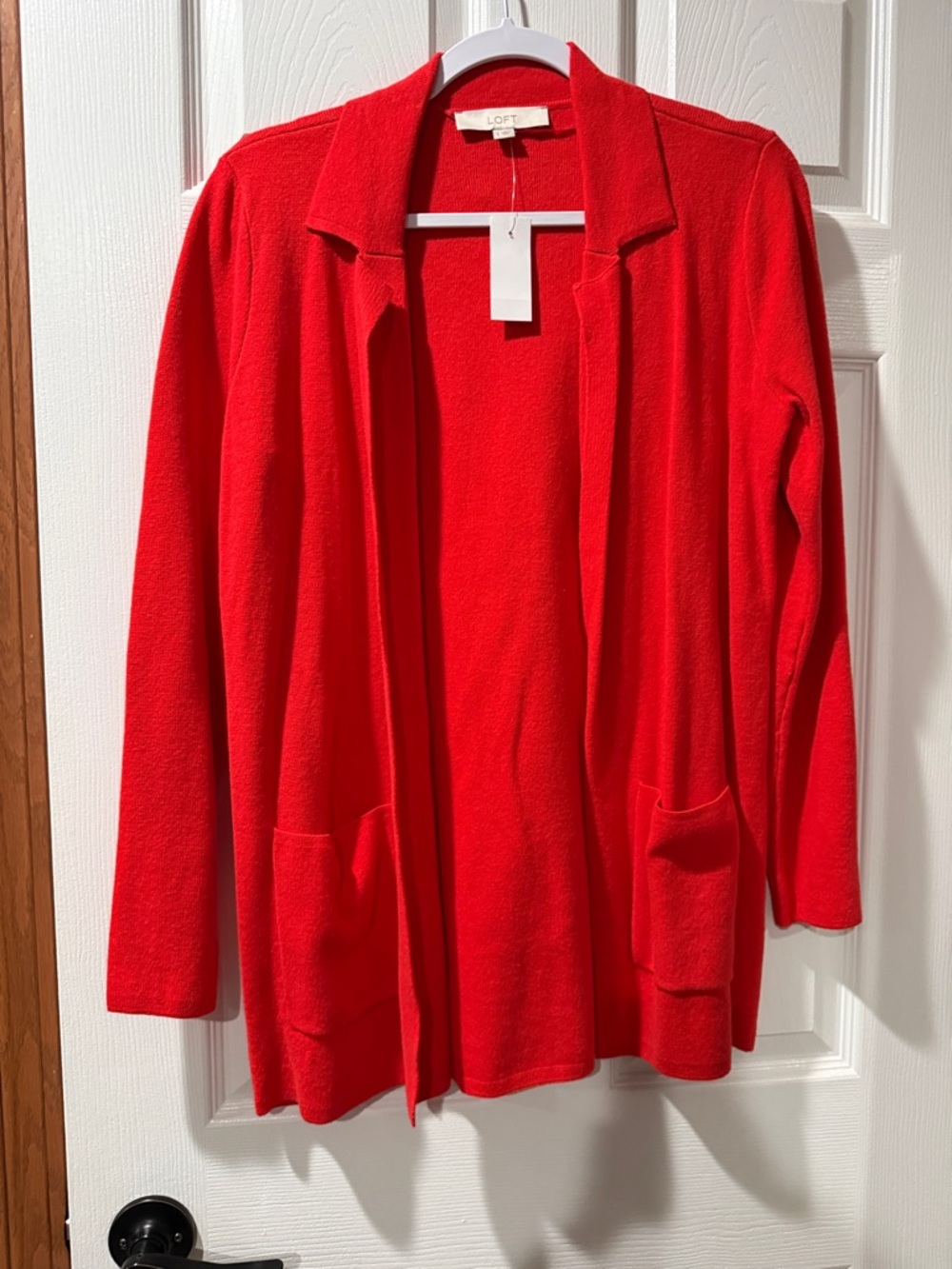 LOFT Red Open-Front Long Cardigan with Patch Pockets